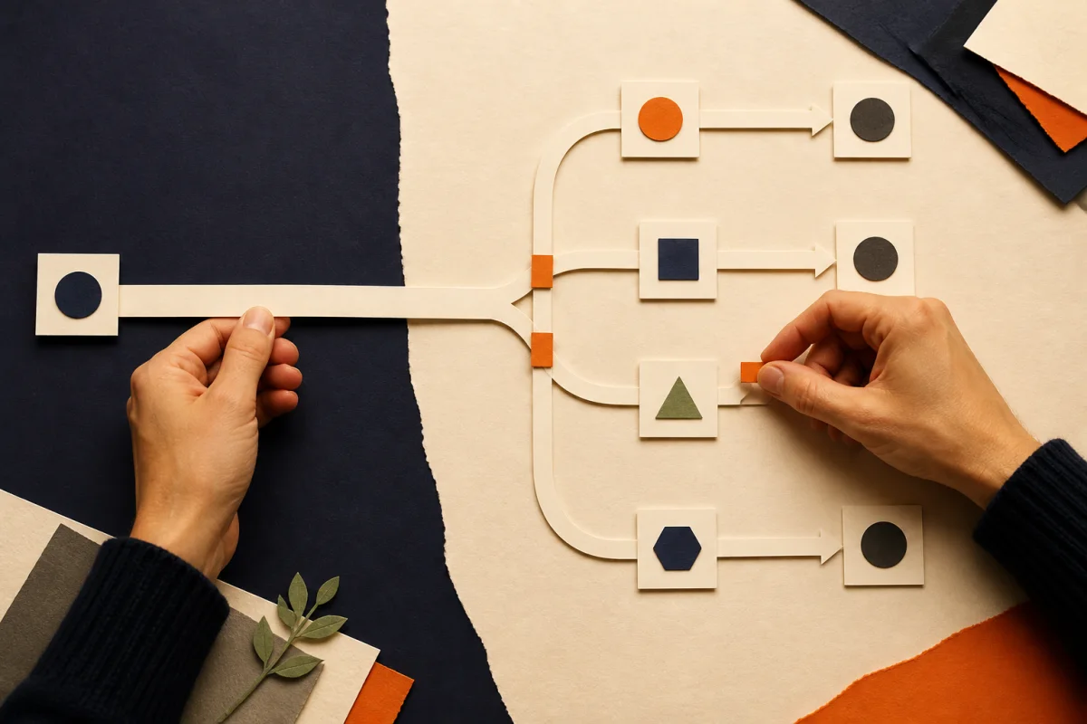Two hands organize one work route into several clear, connected paths.