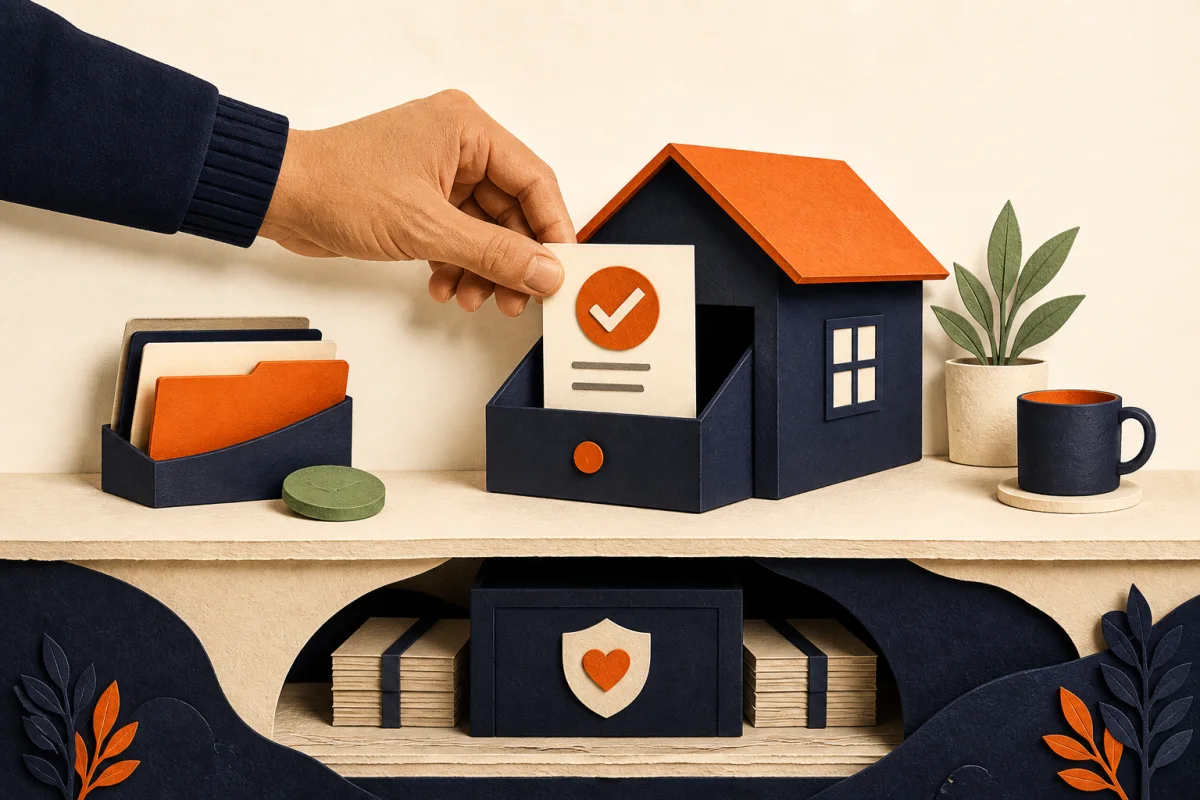 A hand places a completed task card into a small, dependable paper workspace.