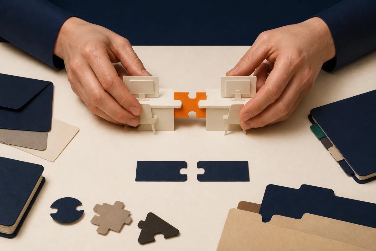 Two hands connect separate paper workspaces with one deliberate link.