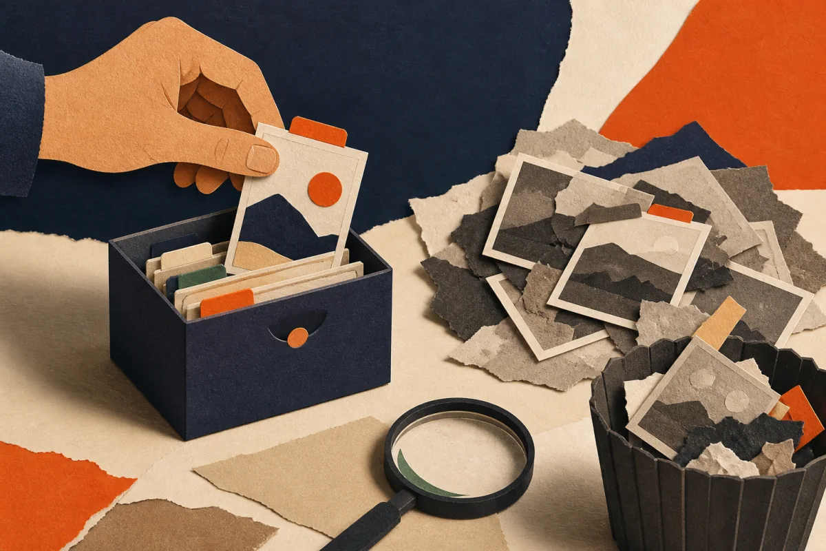 A hand selects one useful memory card while stale duplicates are set aside.