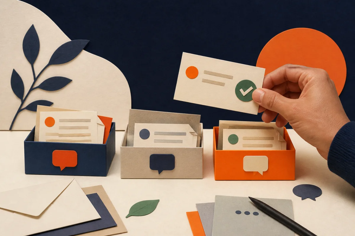 A hand sorts message cards into three calm, organized trays.