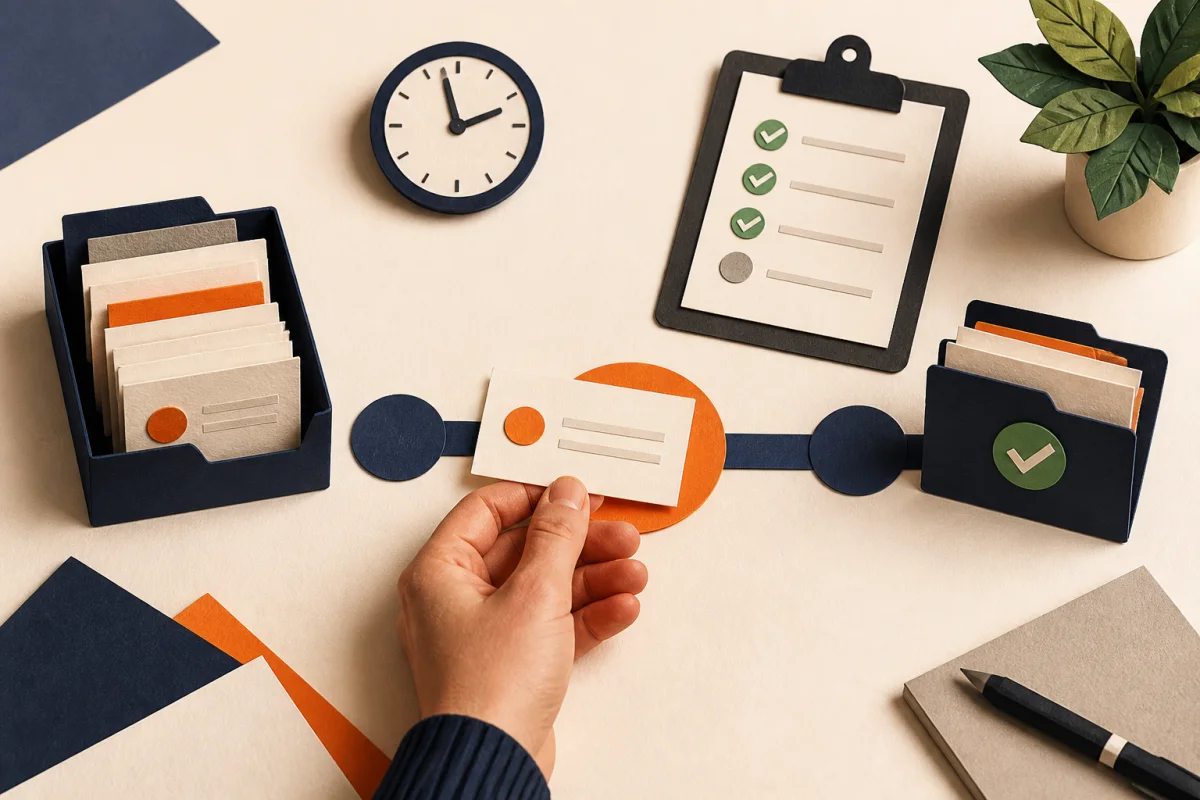 A hand moves a task card along a paper workflow toward a completed folder.