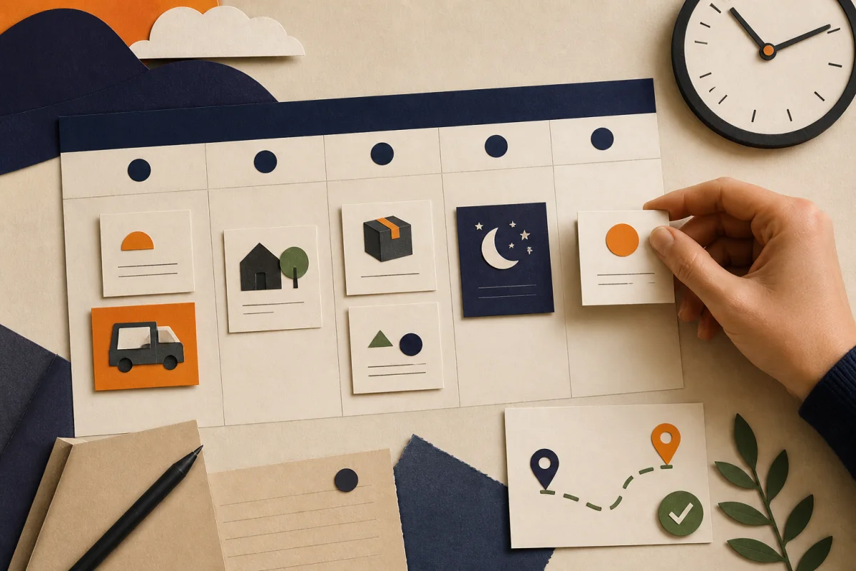 A hand arranges task cards across a paper calendar beside a clock.