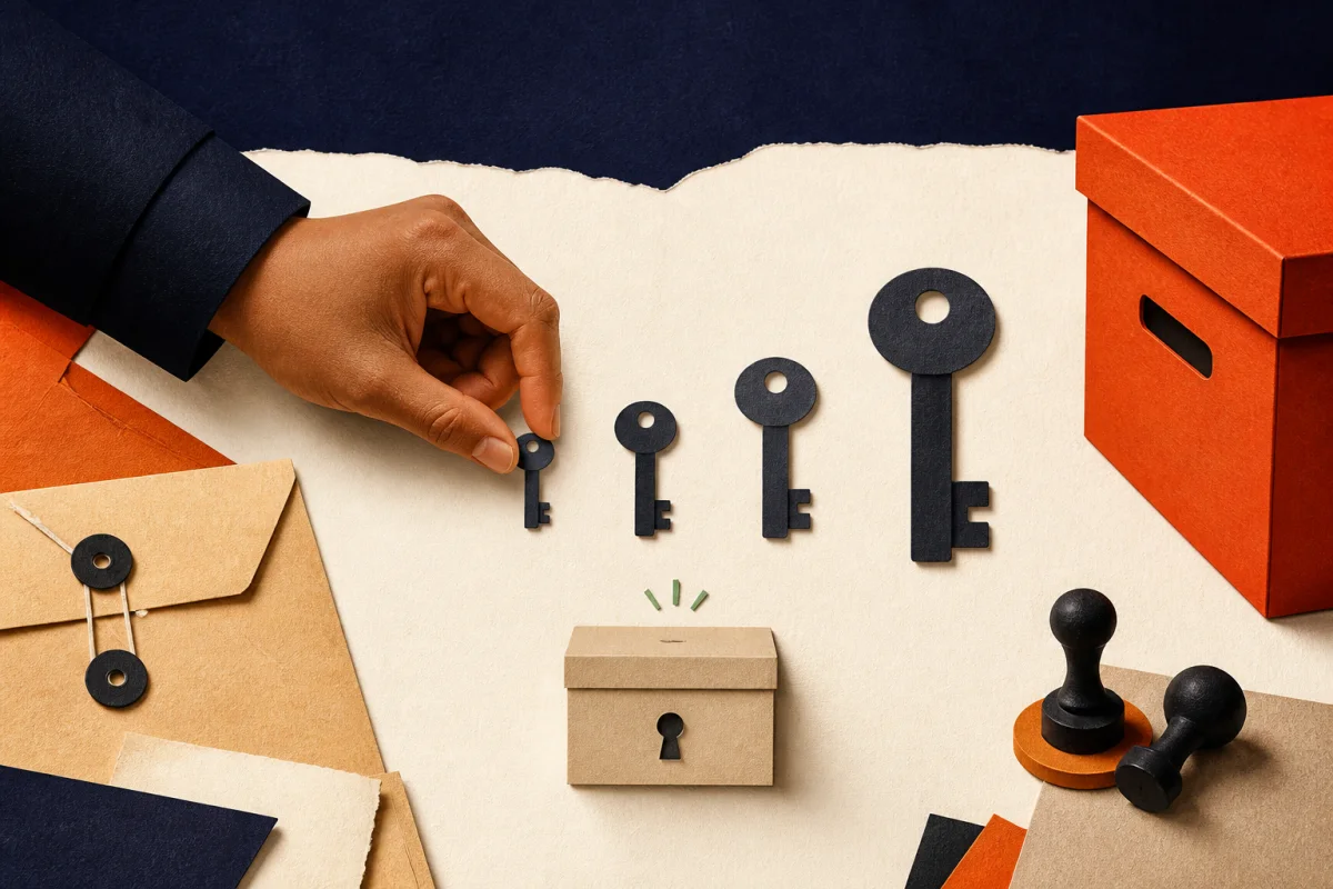 A hand chooses the smallest of several keys for a protected box.