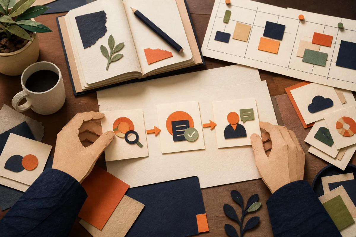 A founder selects a few useful task cards on a warm paper planning desk.