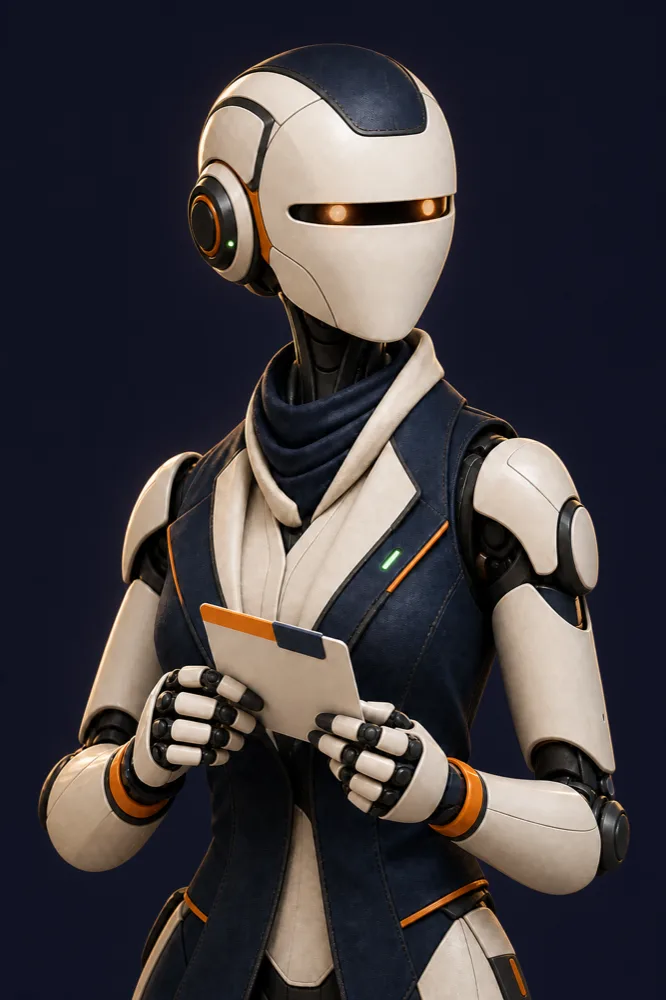 A calm humanoid AI operator holds a task card beside an illustrative founder workflow example.
